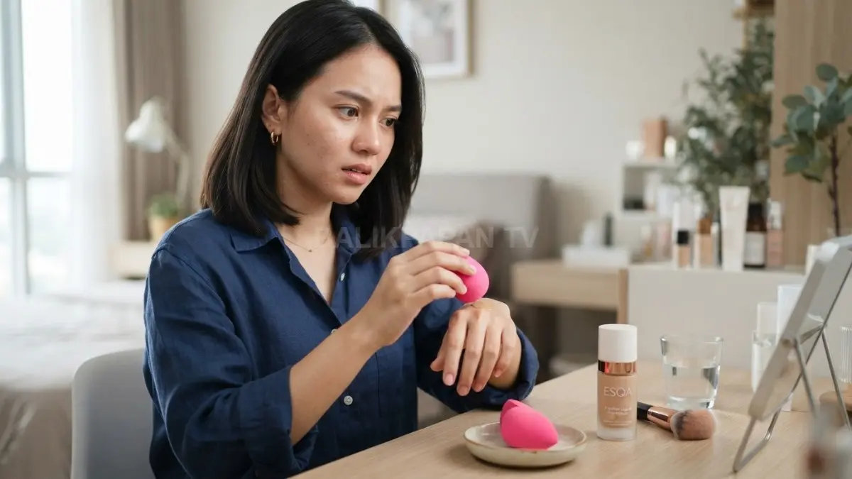 Beauty blender kering menyerap foundation berlebihan, membuat coverage tidak merata dan makeup terlihat patchy (BTV/AI)
