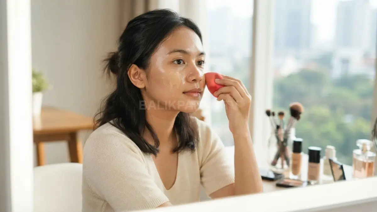 Beauty blender lembap membantu menepukkan foundation secara merata untuk hasil makeup halus dan natural di wajah. (BTV/AI)
