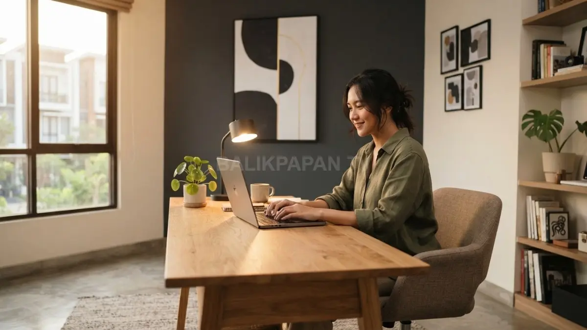 Charcoal dan warm white berpadu dengan kayu untuk menciptakan ruang kerja modern, hangat, dan nyaman (BTV/AI)