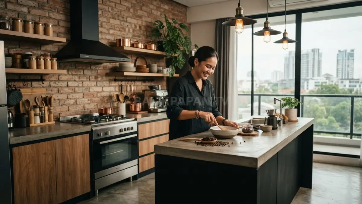 Dapur industrial memadukan kabinet hitam, rak kayu terbuka, stainless steel, dan pencahayaan hangat untuk kenyamanan. (BTV/AI)