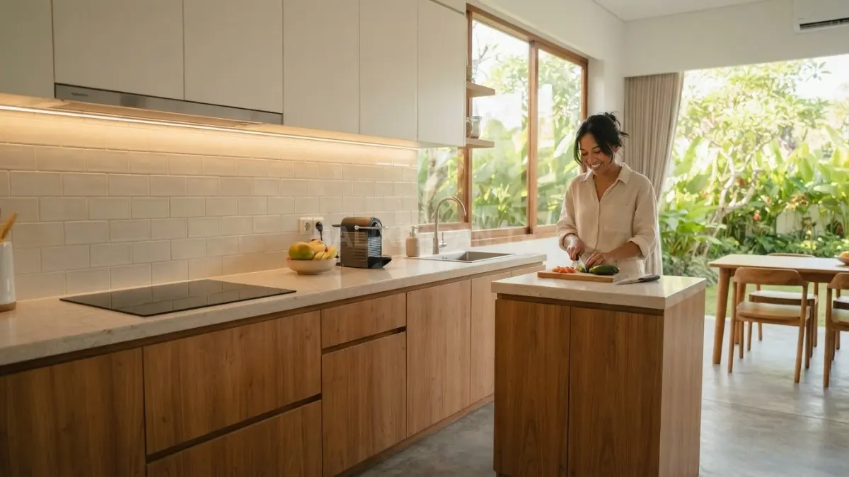 Dapur neo minimalis memadukan kabinet kayu natural dan off-white, countertop terang, pencahayaan hangat fungsional. (BTV/AI)
