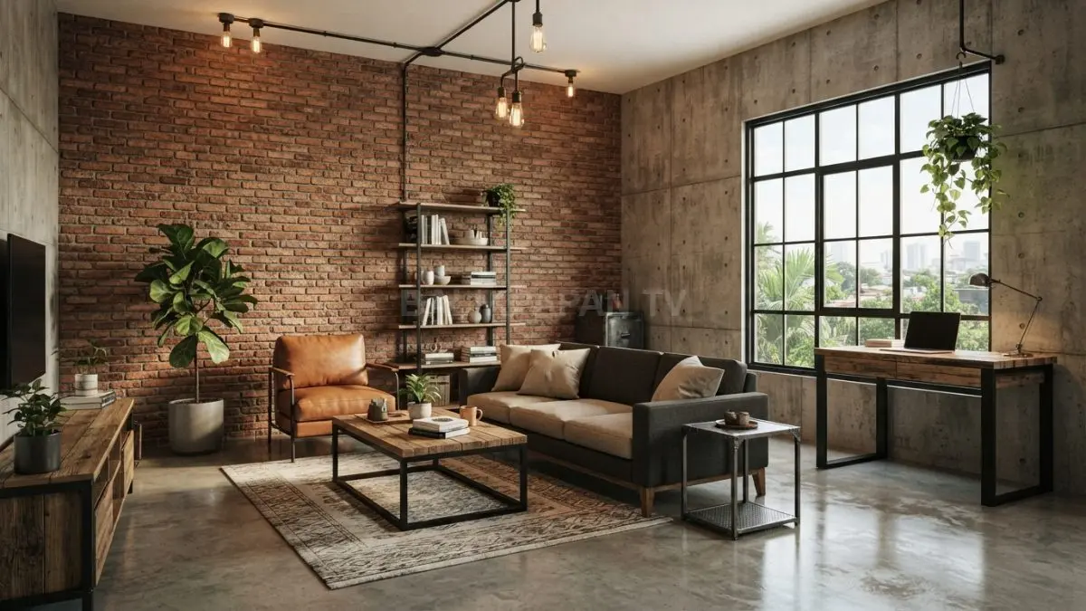 Dekorasi industrial memadukan beton, bata ekspos, kayu, logam, pencahayaan, dan furnitur fungsional untuk hunian modern. (BTV/AI)