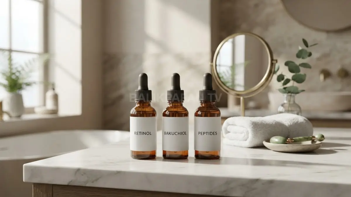 Deretan botol serum retinol, bakuchiol, dan peptida tersusun rapi untuk perawatan kulit wajah harian. (BTV/Ai)