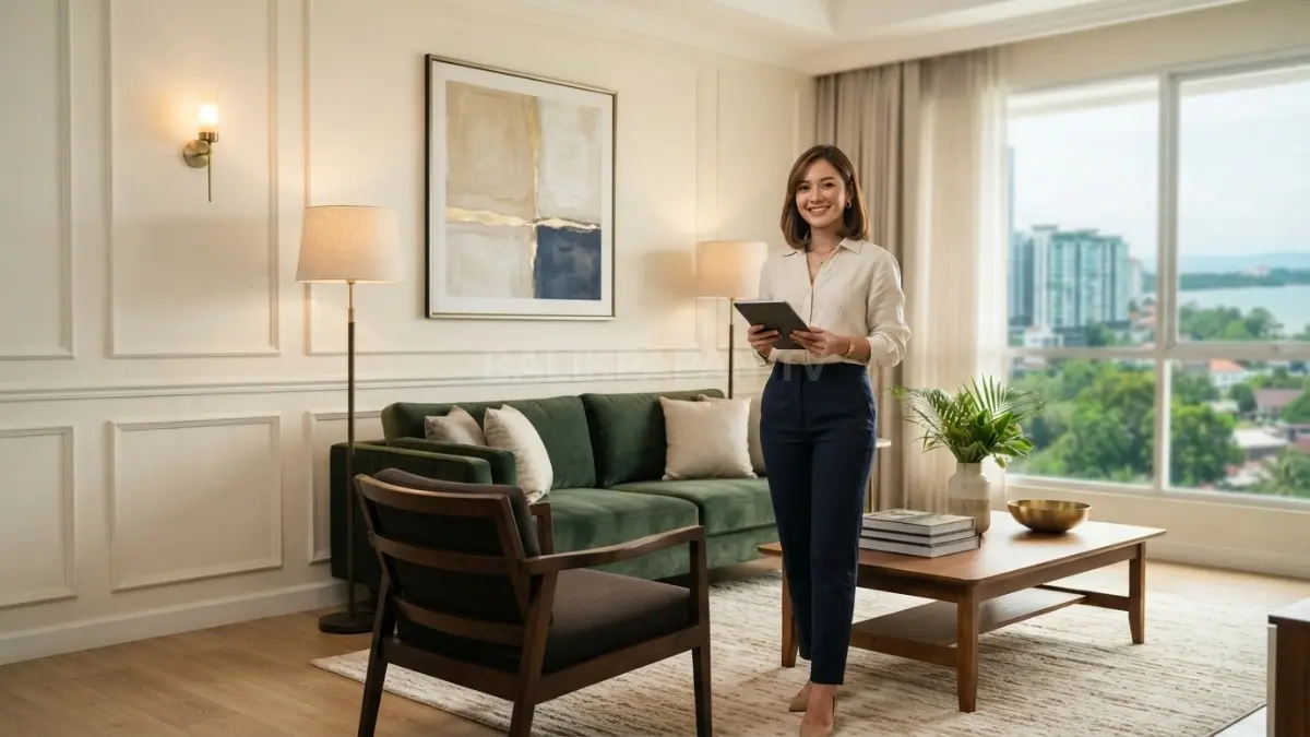 Dinding panel klasik berwarna netral menghadirkan karakter elegan melalui wainscoting, furnitur kayu, dan aksen warna hangat. (BTV/AI)