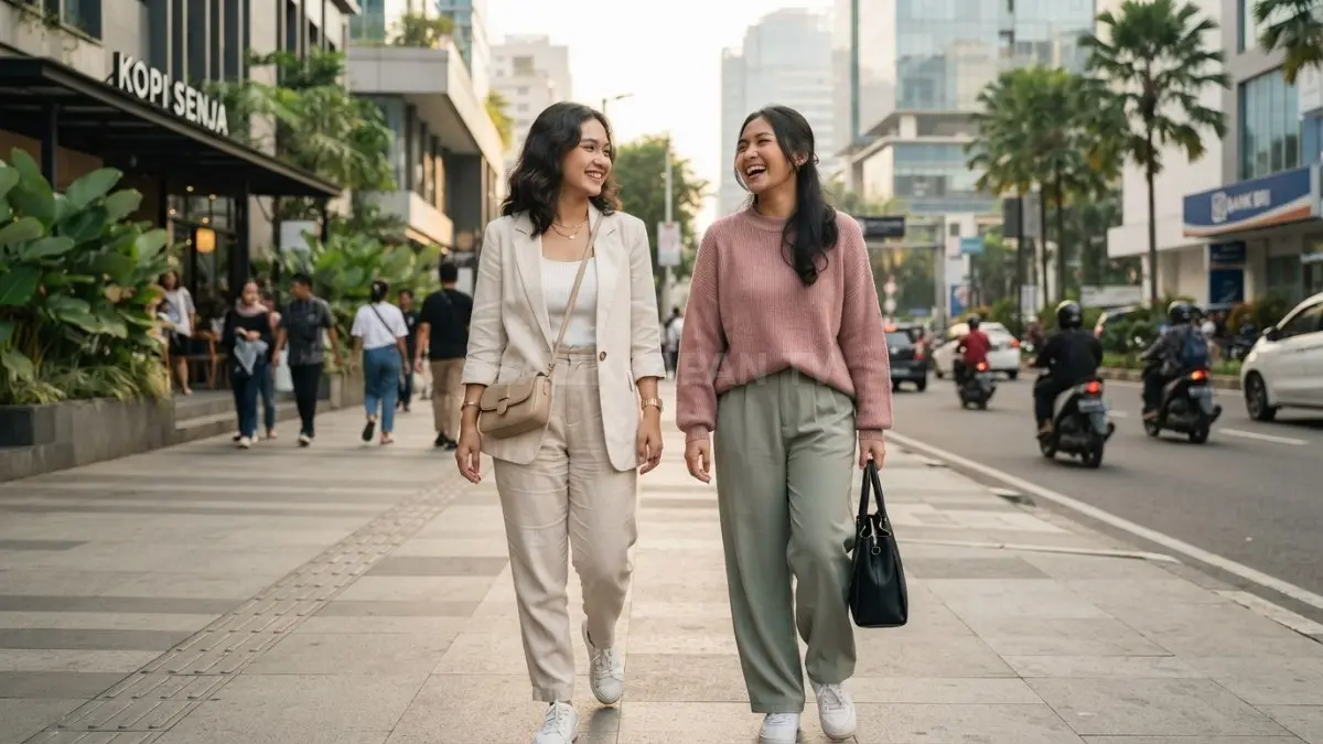 Dua sahabat tampil serasi dengan warna netral dan pastel, menciptakan OOTD couple stylish nan natural (BTV/AI)

