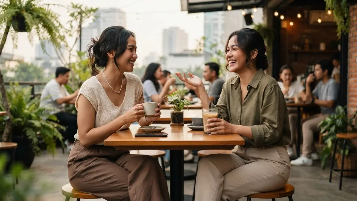 Earth tone menciptakan outfit teman yang serasi, natural, kalem, dan tetap menonjolkan karakter masing-masing (BTV/AI)

