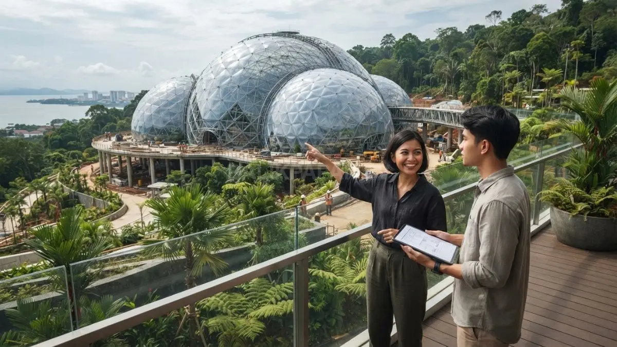 Eden Project menampilkan struktur kubah unik yang menghubungkan fungsi ruang besar dengan konsep lingkungan inovatif. (BTV/AI)