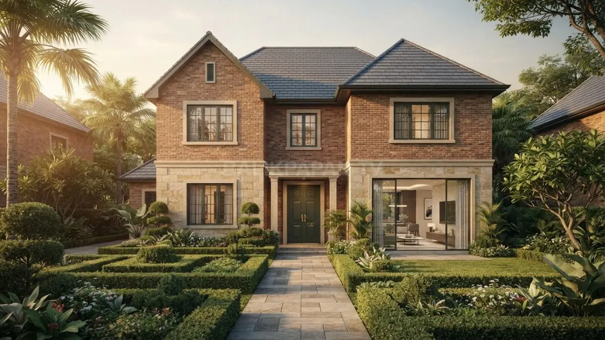 English Modern Estate memadukan fasad klasik, jendela simetris, material natural, interior modern, dan taman elegan. (BTV/AI)