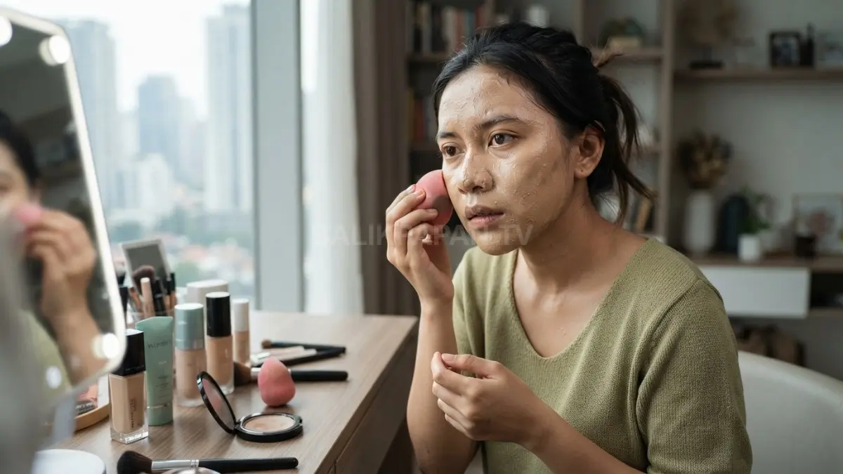 Foundation berlebihan membuat makeup tampak berat, sehingga gunakan sedikit produk dan tambahkan coverage bertahap. (BTV/AI)

