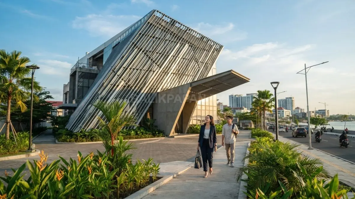 Gedung miring menghadirkan identitas arsitektur unik melalui geometri diagonal, kanopi asimetris, balkon bertingkat, dan fasad berkarakter. (BTV/AI)