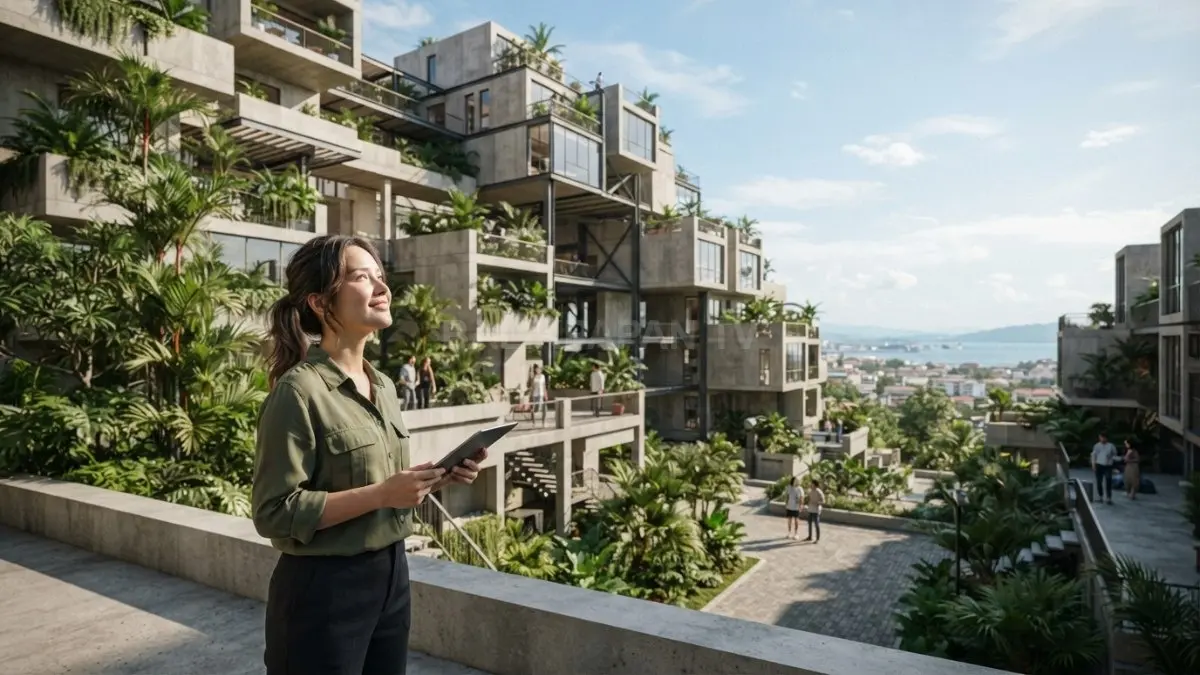 Gedung modular Habitat 67 menyusun modul beton bertingkat menjadi hunian unik dengan teras dan ruang fungsional. (BTV/AI)