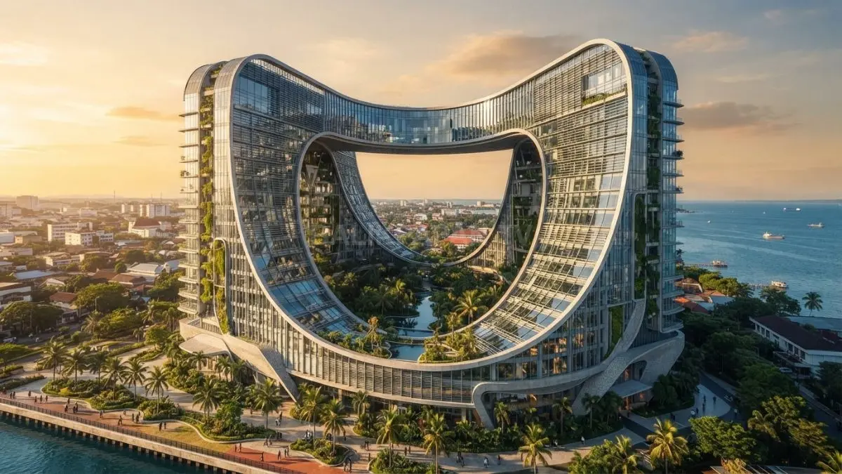 Gedung unik berbentuk loop menghadirkan arsitektur futuristik dengan massa terhubung, ruang komunal, dan courtyard tengah. (BTV/AI)