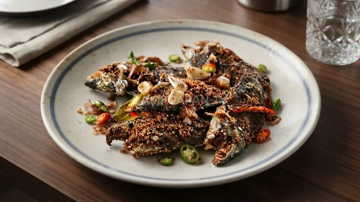 Hidangan iwak pakasam goreng renyah berbumbu rempah dengan taburan beras sangrai dan irisan cabai segar. (BTV/Ai)