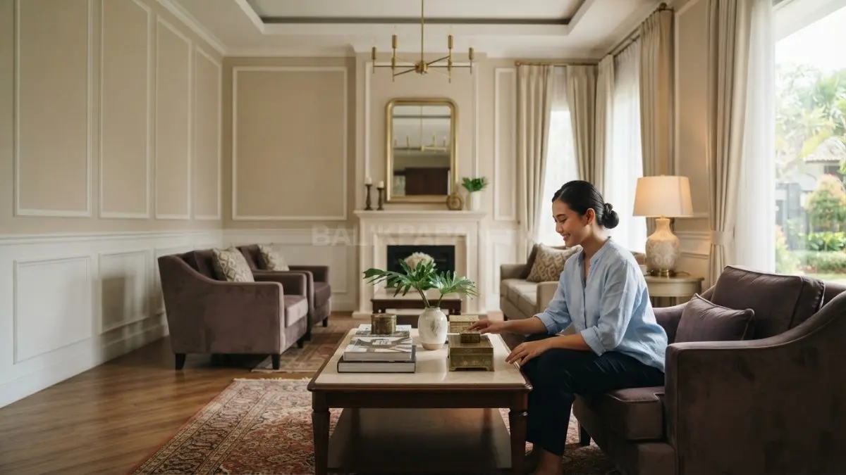 Home decor klasik memadukan furnitur elegan, molding dinding, warna hangat, pencahayaan dekoratif, dan tekstur berlapis. (BTV/AI)