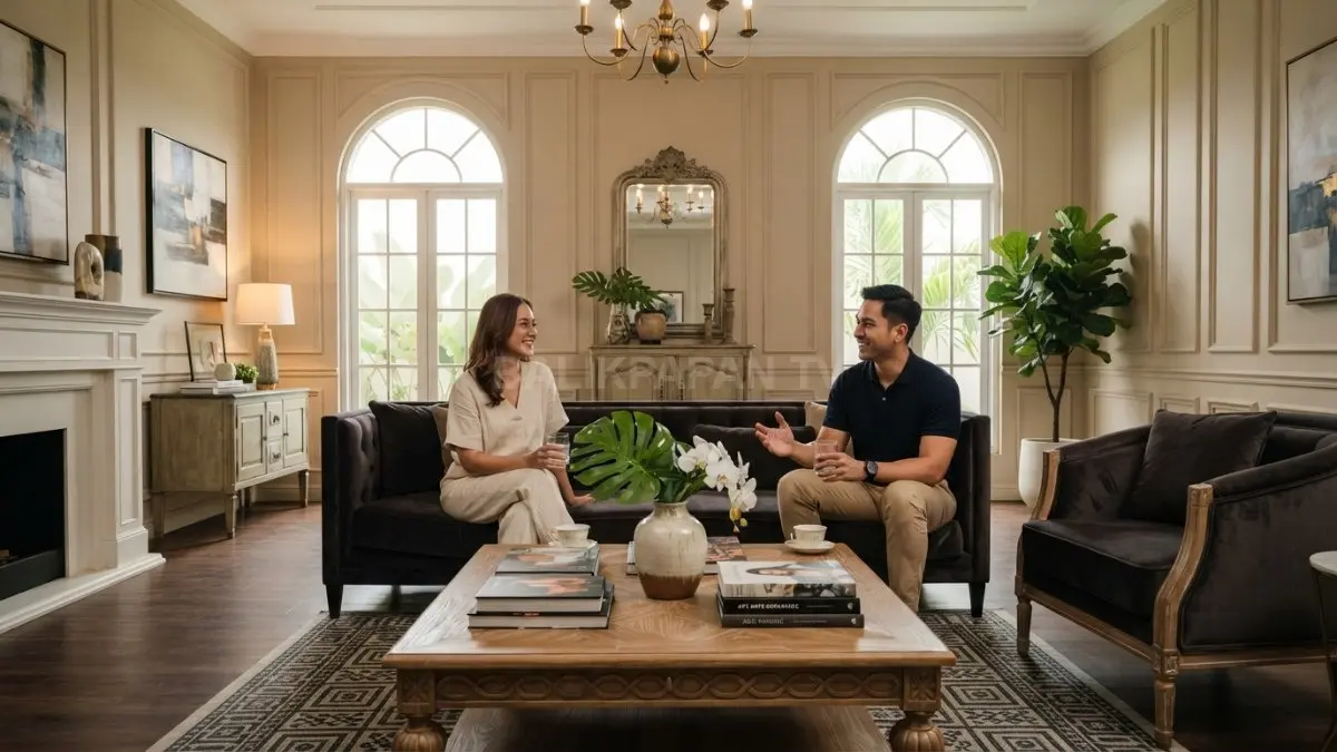 Home decor klasik menghadirkan ruang elegan melalui furnitur berkarakter, simetri, warna hangat, dan detail arsitektural. (BTV/AI)