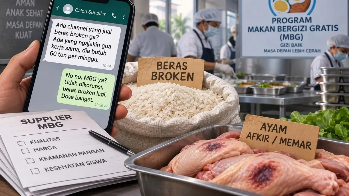 Ilustrasi bahan pangan dan dapur MBG yang menggambarkan pentingnya pemeriksaan kualitas sebelum makanan dibagikan.