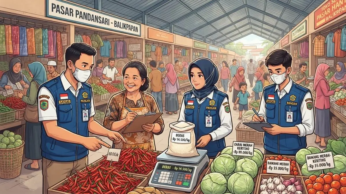 Ilustrasi Satgas Pangan memantau harga cabai dan kebutuhan pokok untuk menjaga stabilitas harga di Pasar Pandansari Balikpapan (BTV/AI)