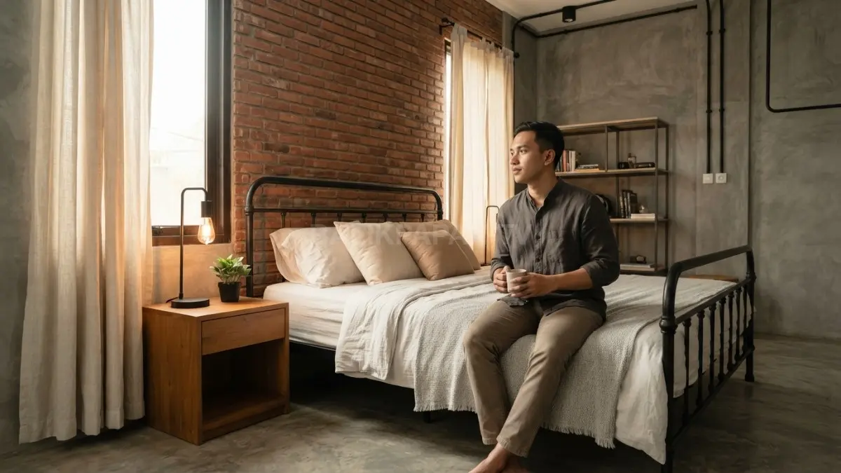 Kamar industrial memadukan bata ekspos, ranjang besi hitam, meja kayu, tekstil lembut, dan pencahayaan hangat. (BTV/AI)
