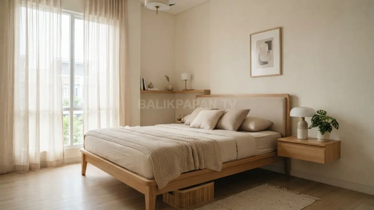 Kamar neo minimalis memadukan warna netral, kayu, tekstil bertekstur, pencahayaan lembut, dan furnitur fungsional. (BTV/AI)