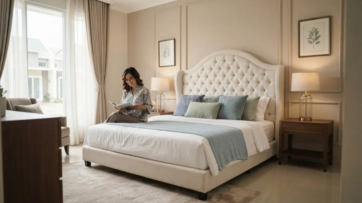 Kamar tidur klasik menghadirkan headboard elegan, nakas simetris, pencahayaan hangat, dan warna lembut untuk suasana nyaman. (BTV/AI)
