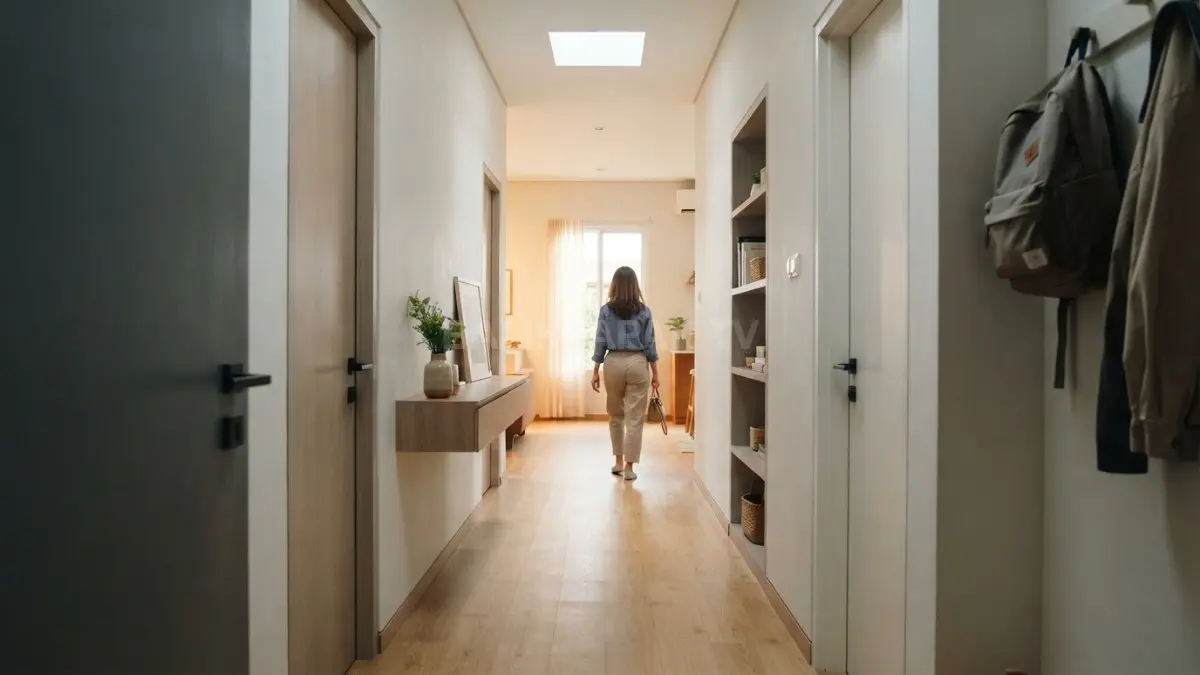 Lorong 90 cm dengan jalur bersih, pintu tertata, furnitur minimal, dan pencahayaan alami terasa nyaman dilalui. (BTV/AI)