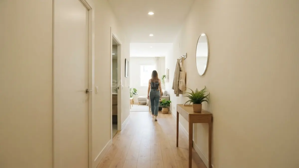 Lorong 90 cm terasa lapang melalui warna terang dan pencahayaan merata, tanpa mengabaikan ruang gerak. (BTV/AI)
