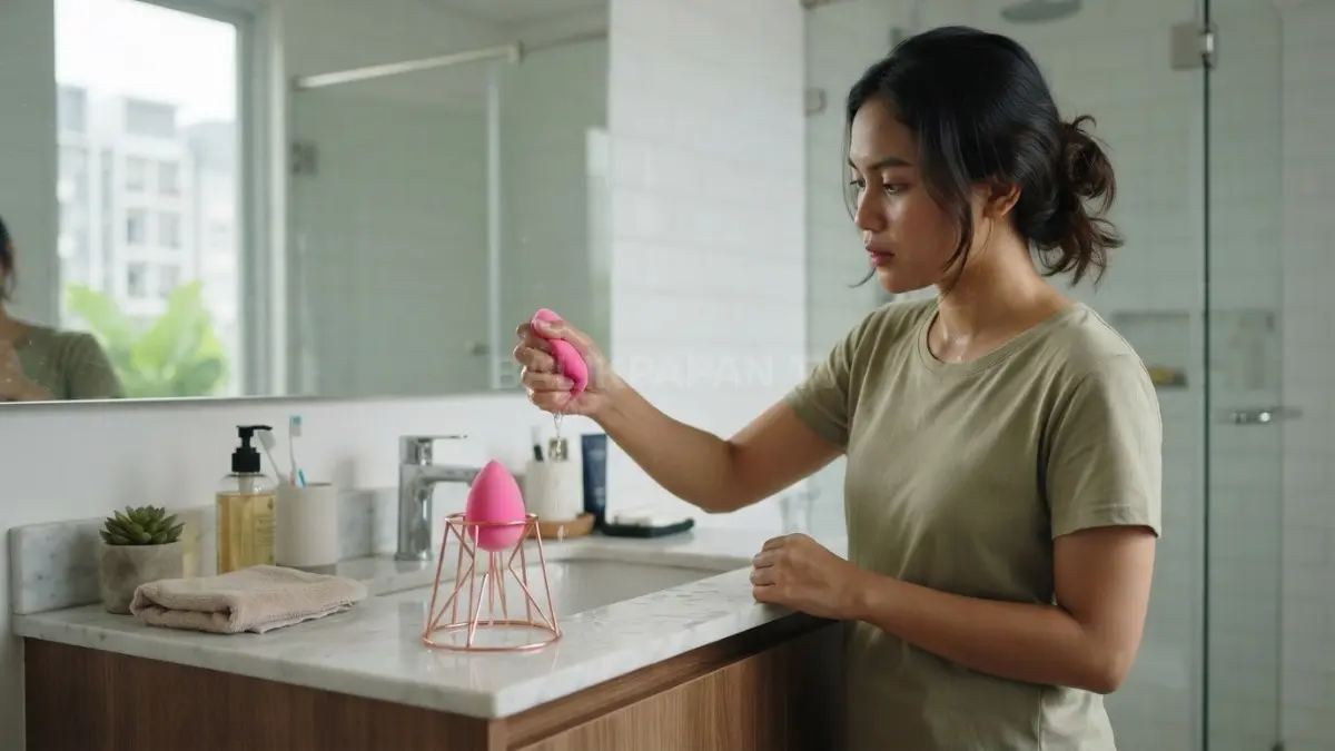 Menyimpan Beauty Blender dalam kondisi lembap dapat mengganggu kebersihan dan membuatnya sulit kering sempurna. (BTV/AI)
