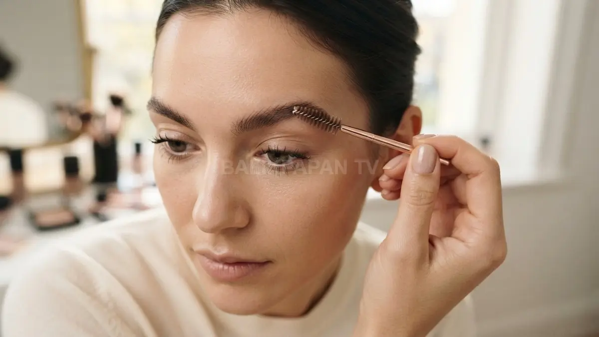 Menyisir alis ke bawah membantu melihat bentuk asli, menemukan area jarang, dan mengisi alis secara natural. (BTV/AI)