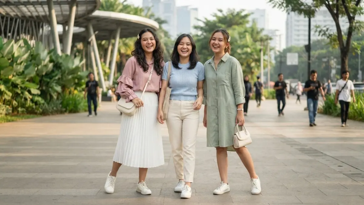 Outfit pastel membuat foto bersama teman terlihat manis, harmonis, playful, dan tetap stylish tanpa terkesan berlebihan (BTV/AI)
