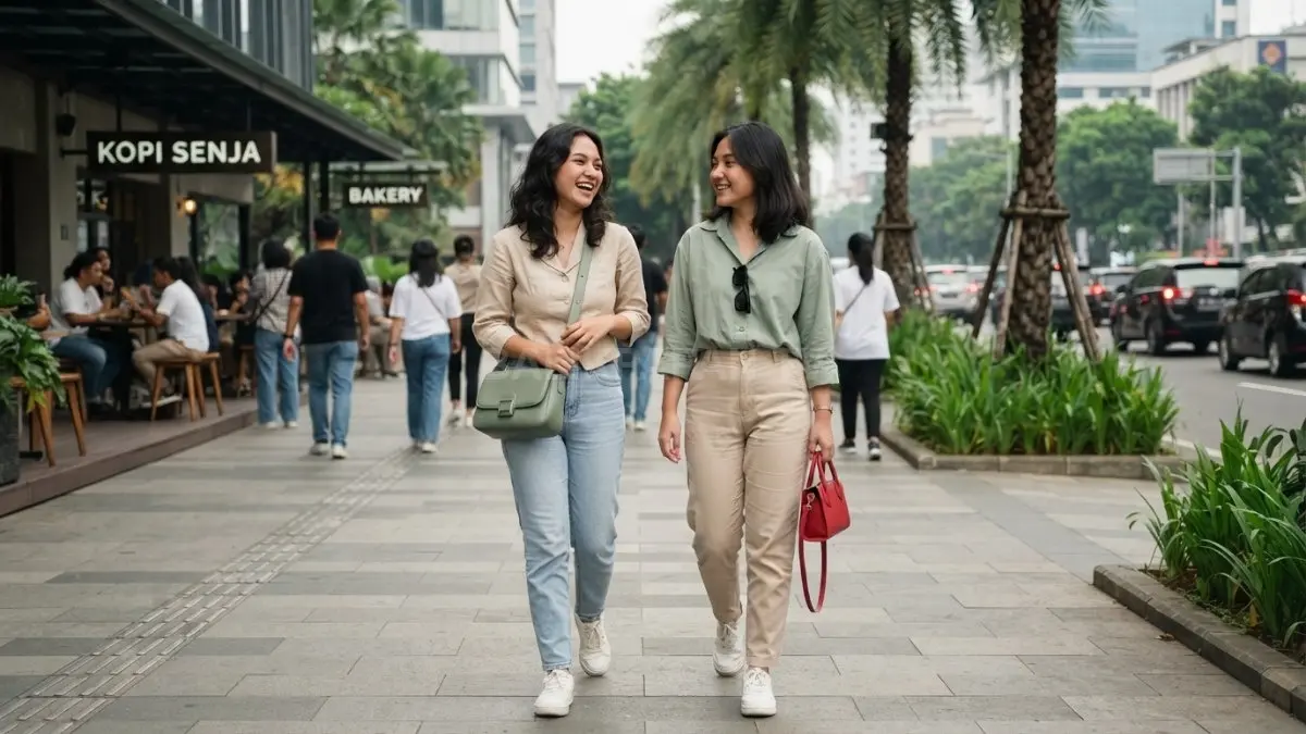 Outfit senada tak harus sama, cukup gunakan satu warna penghubung agar gaya tetap serasi dan berkarakter (BTV/AI)
