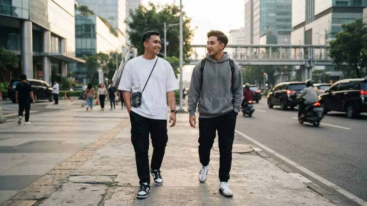 Outfit sporty yang nyaman dan sneakers senada membuat gaya bersama teman terlihat kompak tanpa kehilangan karakter masing-masing (BTV/AI)
