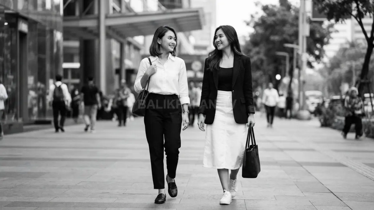 Padu padan hitam putih menciptakan tampilan couple bersama teman yang simpel, elegan, dan tetap stylish tanpa berlebihan (BTV/AI)
