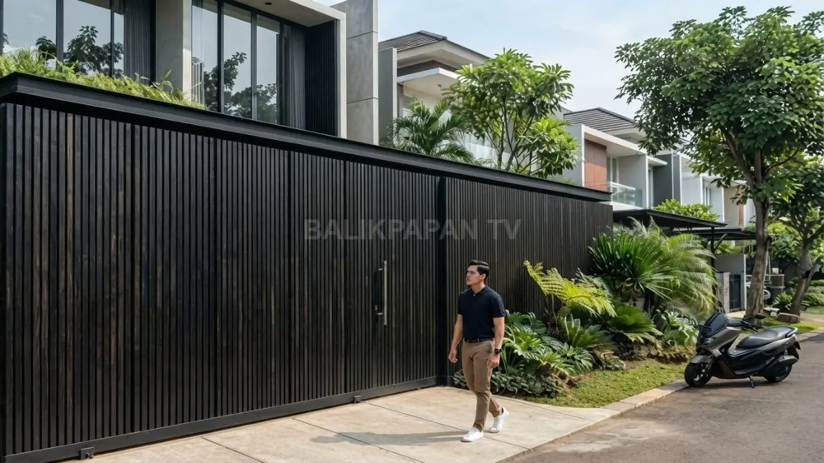 Pagar kayu ulin vertikal menghadirkan fasad rumah modern, rapi, alami, dan berkarakter kuat dengan rangka hitam. (BTV?AI)