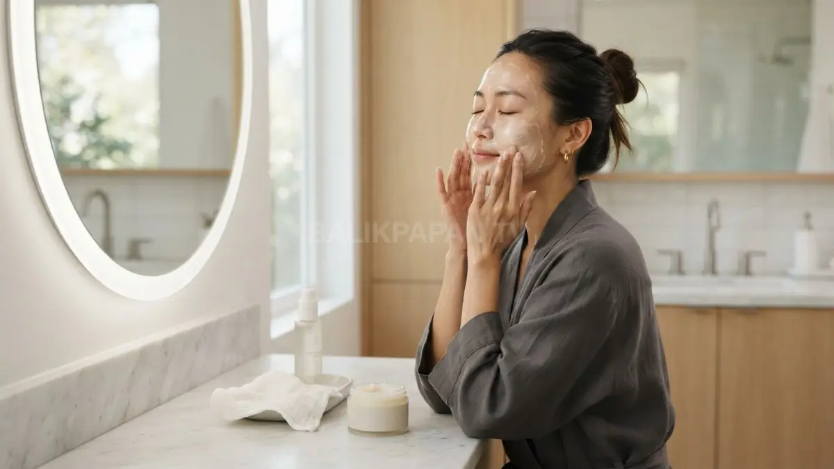 Pembersihan wajah menggunakan cleansing balm secara lembut untuk menjaga kulit tetap bersih dan sehat alami. (BTV/Ai)
