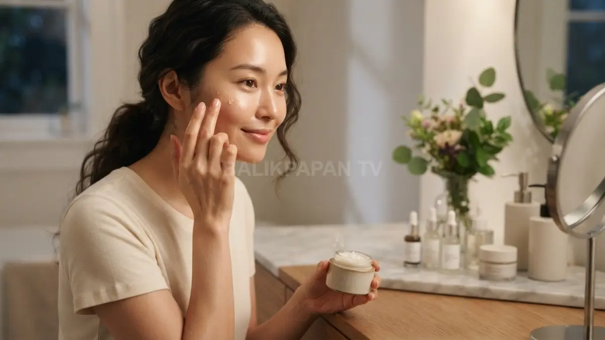 Penggunaan serum bakuchiol dan pelembat peptida untuk merawat kesehatan serta kehalusan kulit wajah. (BTV/Ai)