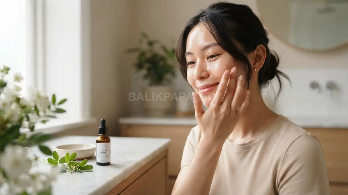 Penggunaan serum bakuchiol secara lembut membantu merawat kesehatan serta kehalusan kulit wajah secara alami. (BTV/Ai)