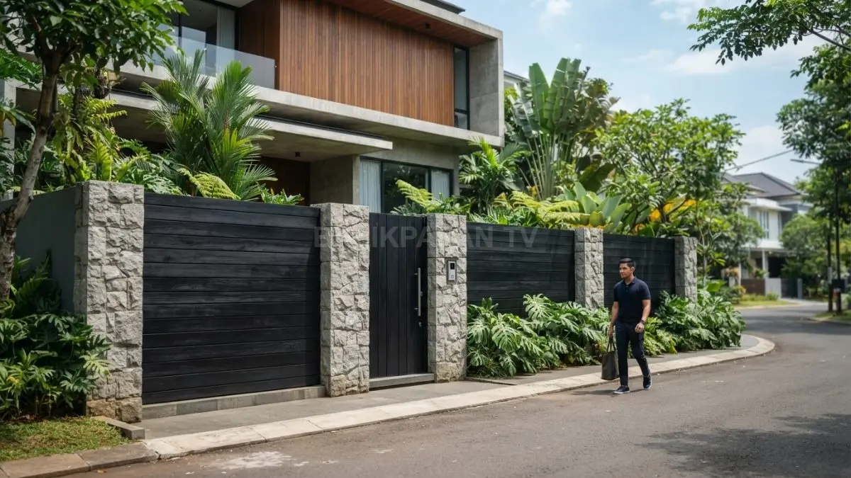 Perpaduan pagar ulin dan batu alam menciptakan kesan tropis, hangat, kokoh, dan modern. (BTV?AI)