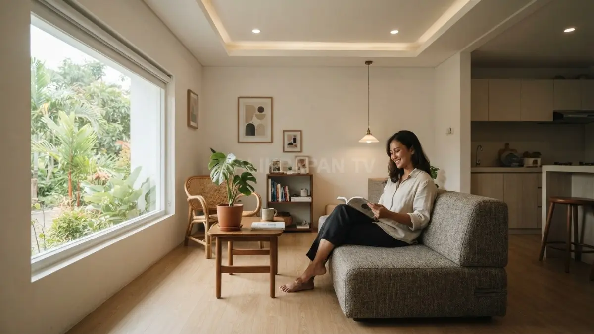 Plafon 2,1 meter terasa akrab, didukung furnitur proporsional, cahaya alami, warna terang, dan ventilasi baik. (BTV/AI)