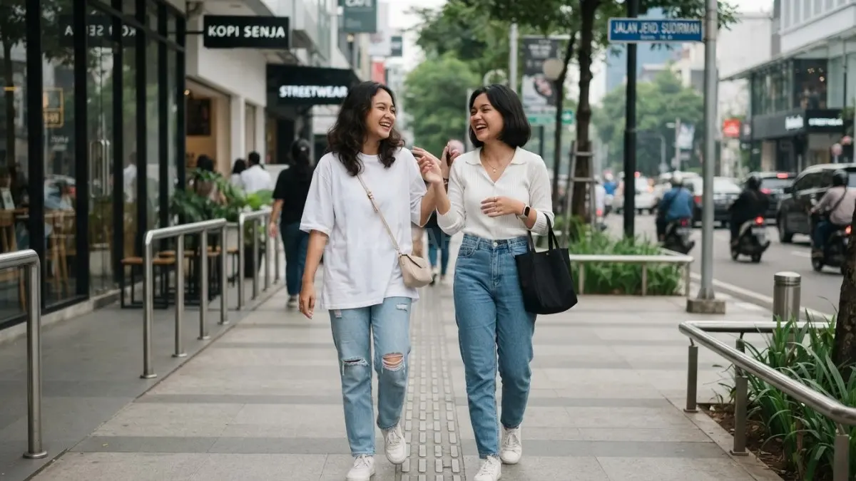 Putih dan denim jadi kombinasi simpel untuk tampil kompak bersama teman, stylish tanpa terlihat seragam. (BTV/AI)
