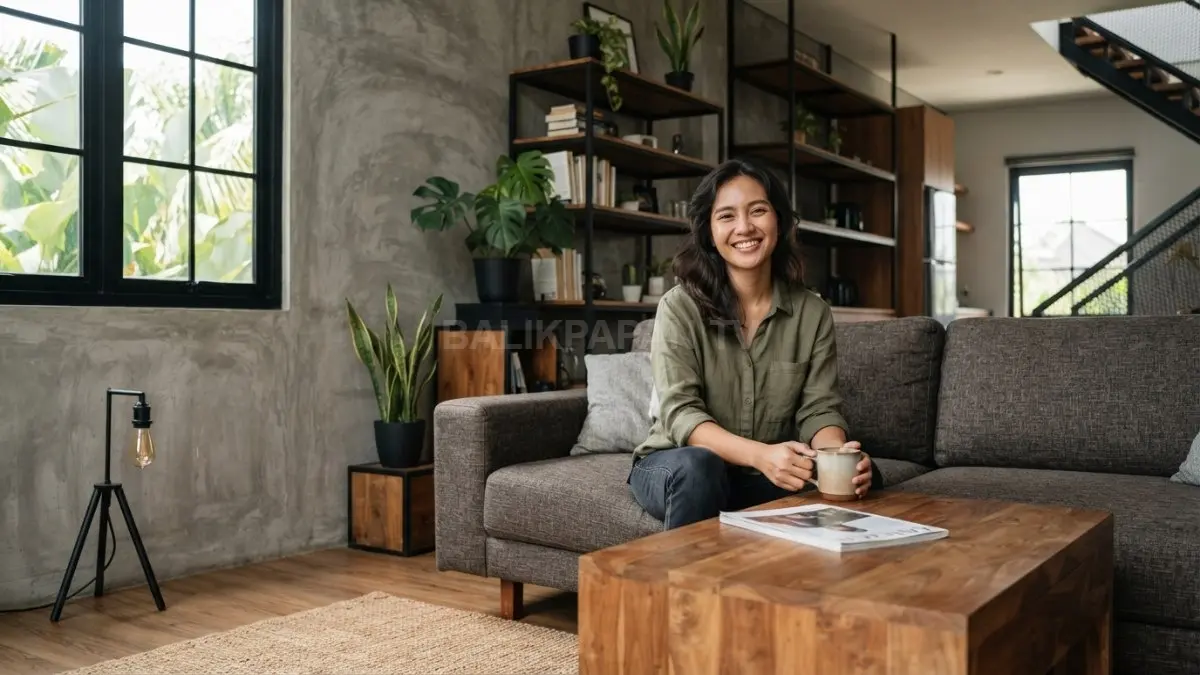 Ruang tamu industrial memadukan beton ekspos, kayu, besi hitam, sofa netral, dan tanaman untuk suasana modern. (BTV/AI)