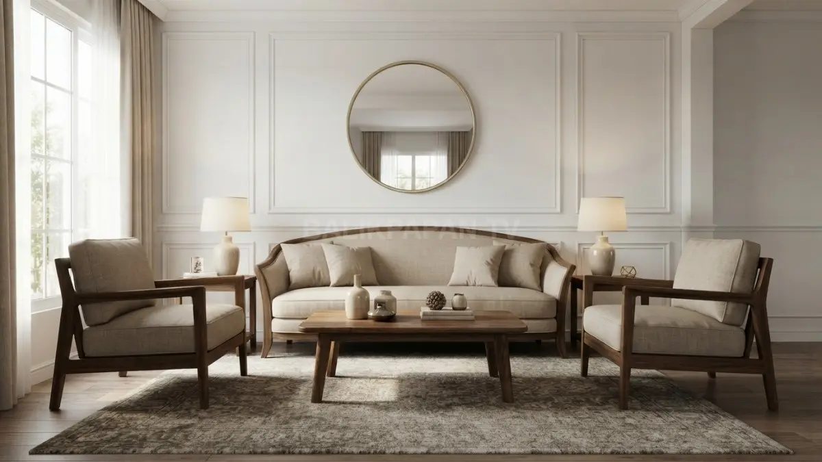 Ruang tamu klasik mengutamakan simetri melalui sofa elegan, kursi berpasangan, meja kayu, karpet, dan cermin dekoratif. (BTV/AI)