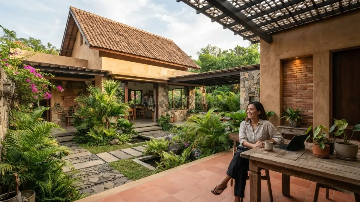 Rumah bergaya Meksiko memadukan courtyard, material terakota, batu alam, warna hangat, serta ventilasi tropis yang nyaman. (BTV/AI)