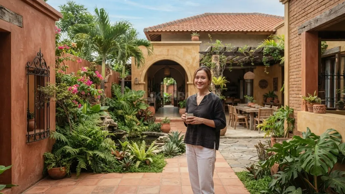 Rumah bergaya Meksiko menghadirkan courtyard sebagai pusat hunian dengan material alami, warna hangat, dan ventilasi tropis. (BTV/AI)