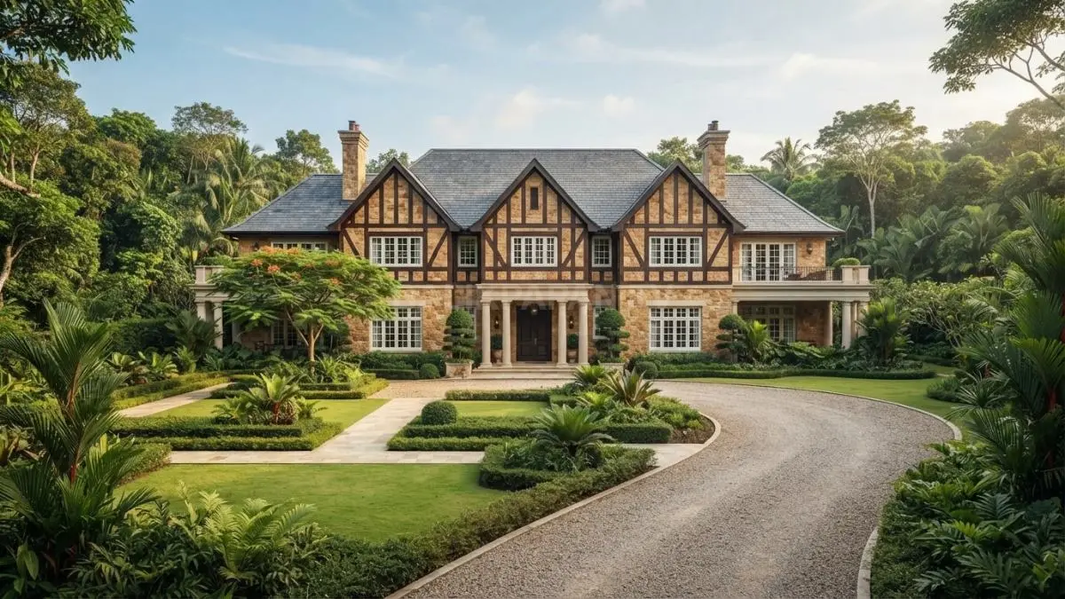 Rumah English country estate menghadirkan taman formal, jalur batu, pagar tanaman, dan fasad klasik berkarakter elegan. (BTV/AI)
