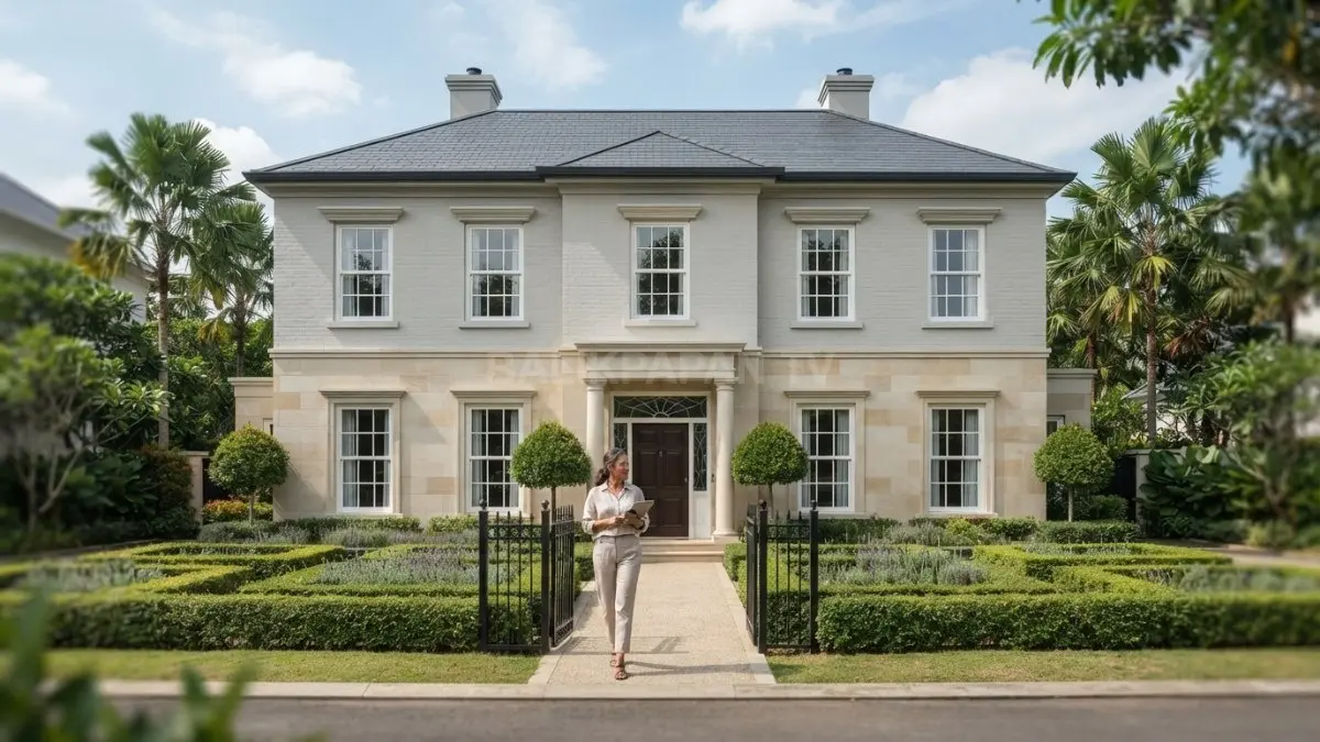 Rumah Georgian elite menampilkan fasad simetris, pintu utama klasik, jendela proporsional, serta material natural yang elegan. (BTV/AI)