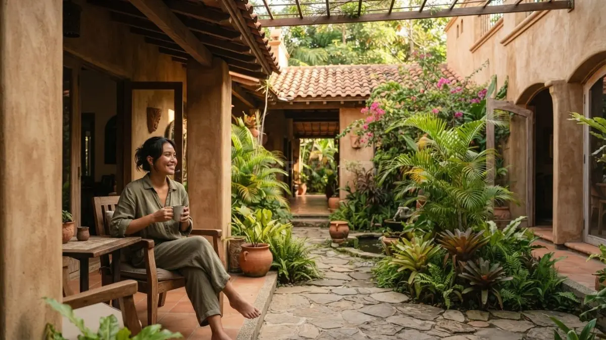 Rumah hacienda bergaya Meksiko menghadirkan courtyard sebagai pusat hunian, dikelilingi teras, taman, dan material alami. (BTV/AI)