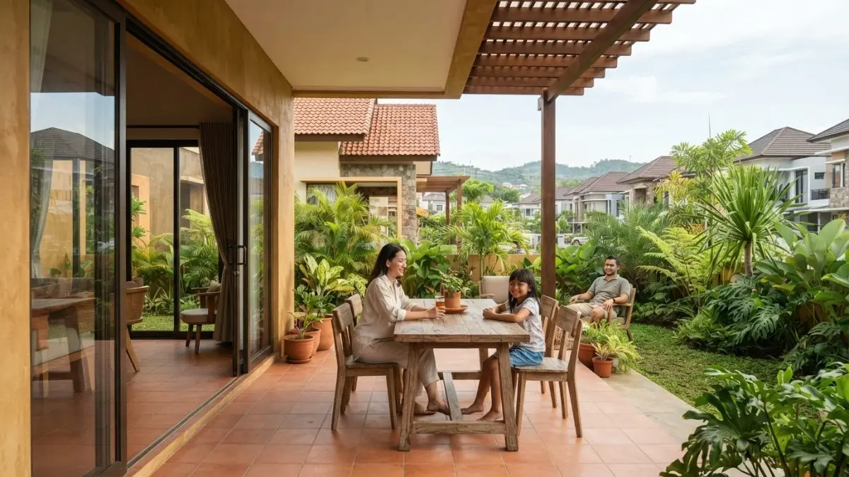 Rumah Meksiko tropis memadukan patio terbuka, pintu kaca, pergola, tanaman tropis, dan ventilasi alami nyaman. (BTV/AI)