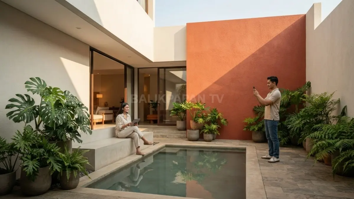 Rumah modern Meksiko menghadirkan dinding geometris, warna terracotta, cahaya alami, kolam refleksi, dan taman artistik. (BTV/AI)