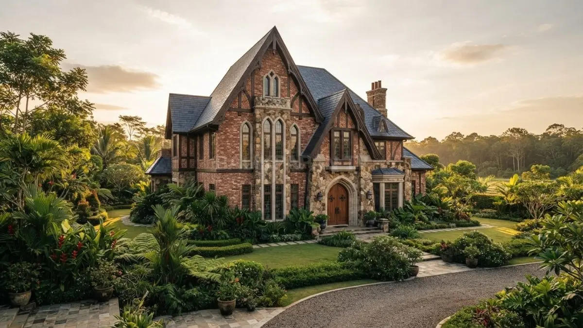 Rumah Neo-Gothic Inggris menampilkan gable menjulang, jendela tinggi, material bata, serta detail klasik berkarakter kuat. (BTV/AI)