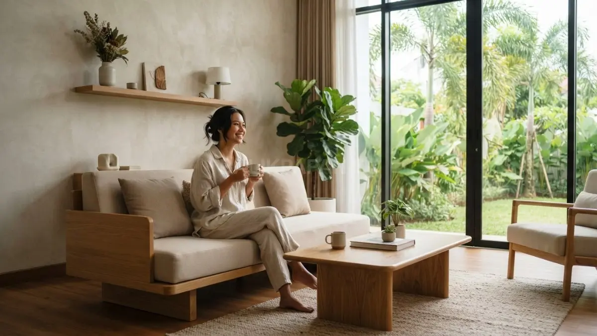 Rumah neo minimalis memadukan garis bersih, warna netral, kayu, tekstur, dan furnitur fungsional untuk hunian nyaman. (BTV/AI)